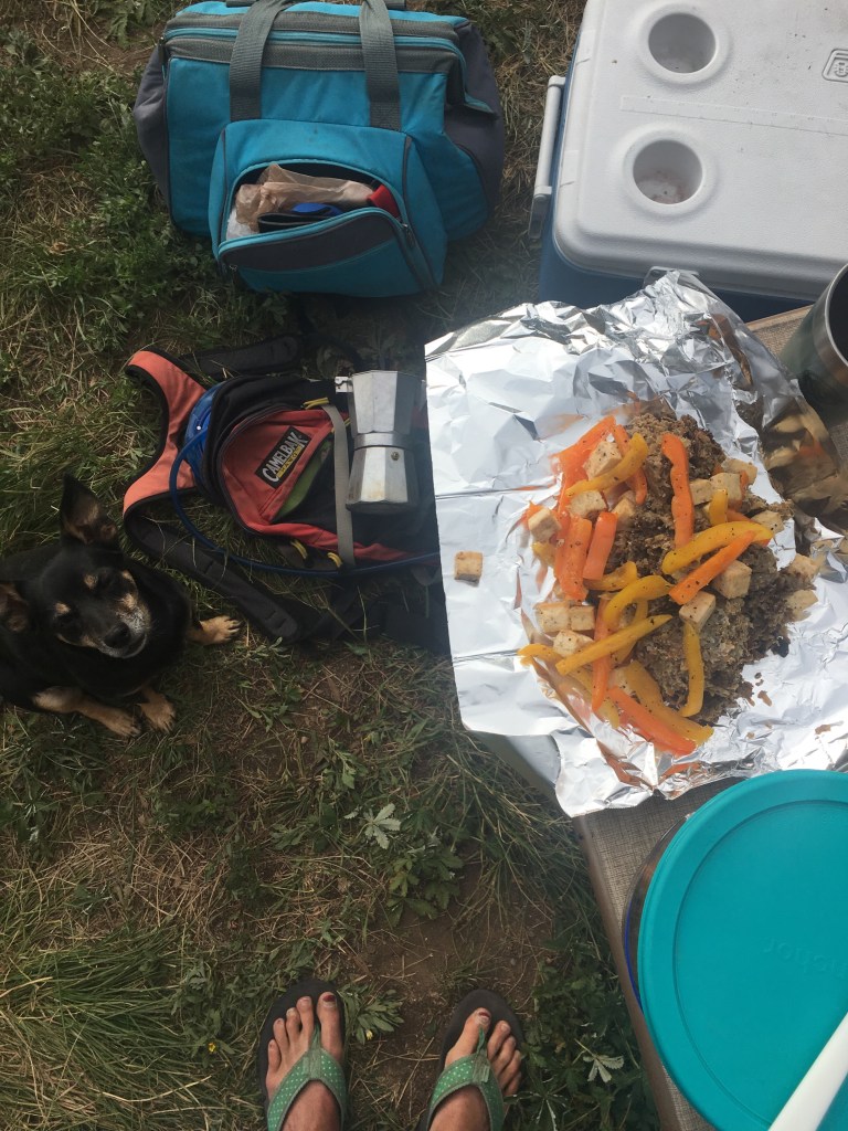 Breakfast scramble: peppers, tofu, hashbrowns & veggie sausage!